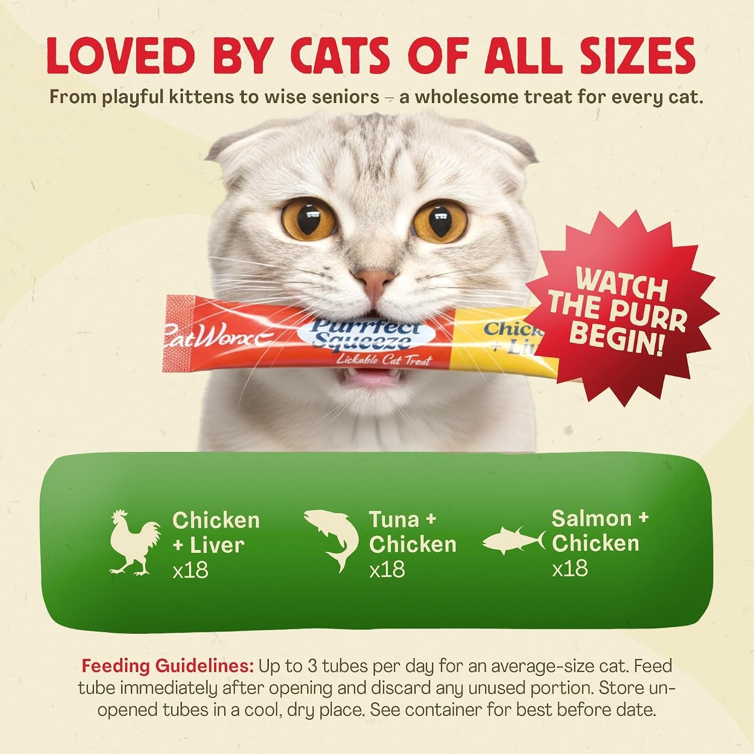 catworx-by-chewmasters-purrfect-squeeze-lickable-soft-cat-treats-54-pack-creamy-puree-squeeze-tubes-for-kittens-and-adult-cats-hand-feeding-snack-or-food-topper-training-reward-0-53-ounce