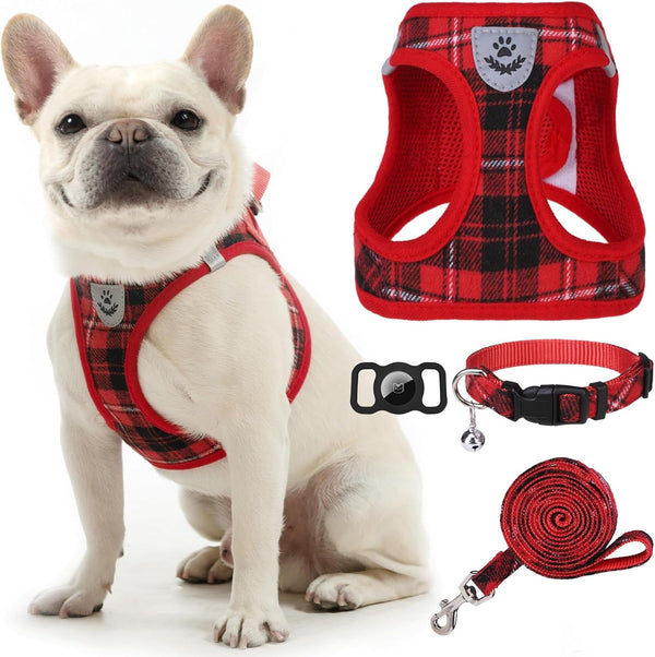 EXPAWLORER Plaid Small Dog Harness and Leash Set with Airtag Holder - No Pull Soft Padded Step in Dog Vest Harness Medium Sized Dog, Reflective Puppy Harness, Collar and Leash for Walking, Khaki S23