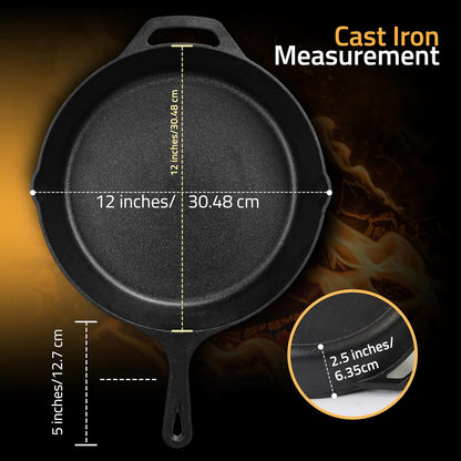 Cast Iron Skillet 12 Inch Pre-Seasoned Pfas-Free Black | Chef Pan, Even Heat Distribution, Stovetop, Oven, Campfire and Grill Safe, Large Skillet, Indoor Outdoor Use3