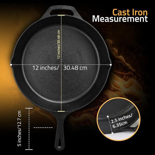 Cast Iron Skillet 12 Inch Pre-Seasoned Pfas-Free Black | Chef Pan, Even Heat Distribution, Stovetop, Oven, Campfire and Grill Safe, Large Skillet, Indoor Outdoor Use3