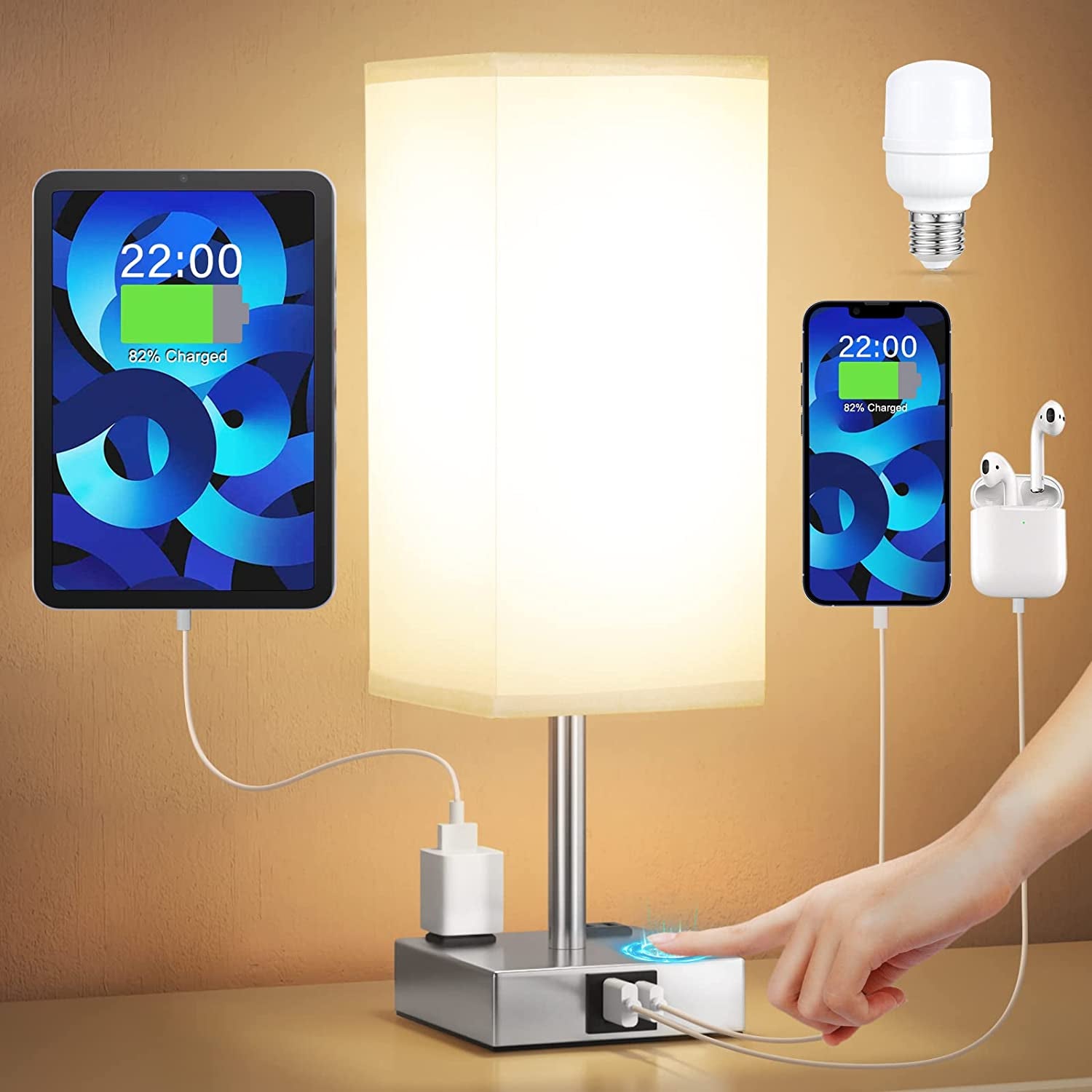 touch-bedside-table-lamp-for-bedroom-dimmable-usb-c-a-2-ac-outlets-3-way-dimming-3000k-bulb-included-square-grey-lampshade-and-silver-base-desk-lamp-for-nightstand-living-room-dorm