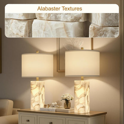 23" Alabaster Table Lamp Set of 2 with Night Light for Living Room | Rotary Switch Bedside Lamp with Linen Shade for Bedroom, Modern Nightstand Lamps for Room Office Dorm (Bulb Included)6
