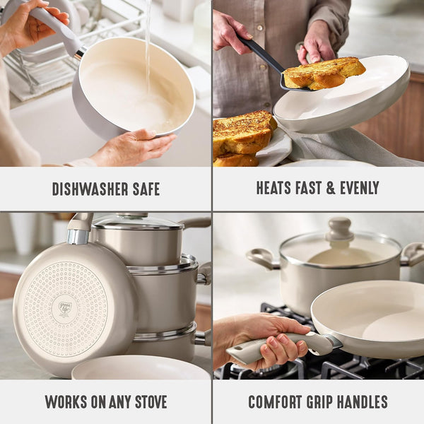 16Pc Ceramic Nonstick Pots & Pans Cookware Set, Beige Taupe | Pfas-Free Nonstick Coating, Stockpot, Frying Pans, Saucepan, Sauté, Induction Ready, All Stovetop Compatible, Dishwasher Safe5