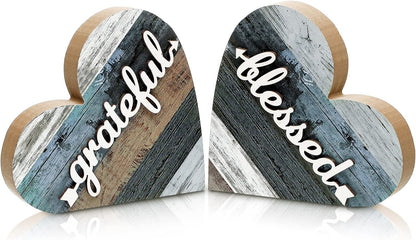 2 Pcs Rustic Wooden Heart Block Home Decor, Grateful Style | Decoration for Shelves, Table Centerpiece for Mantel, Blessed Blue Accent, Decorative Plaques for Home Living Room Gift1