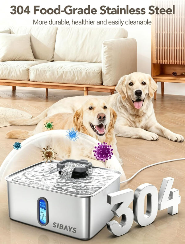 SIBAYS 4Gal/15L Dog Water Fountain for Large Dogs, Stainless Steel Large Pet Water Fountain, Ultra Quiet Automatic Dog Water Bowl Dispenser with Water Level Window and LED Light(Fs78, Silver-Grey)3
