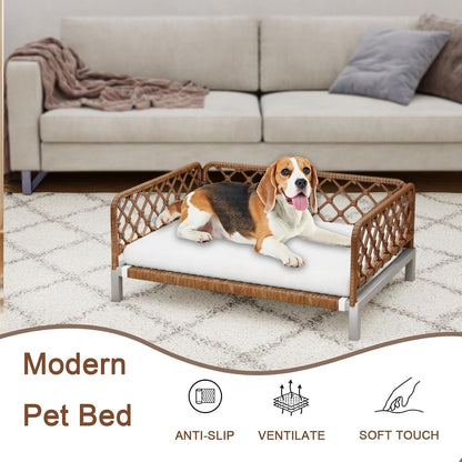 Small Dog Bed, Waterproof Elevated Dog Couch with Washable Removable White Cushion, Boho Rattan Dark Brown Wicker Orthopedic Pet Sofa for Outdoor, Indoor4