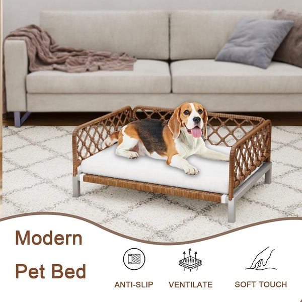 Small Dog Bed, Waterproof Elevated Dog Couch with Washable Removable White Cushion, Boho Rattan Dark Brown Wicker Orthopedic Pet Sofa for Outdoor, Indoor4