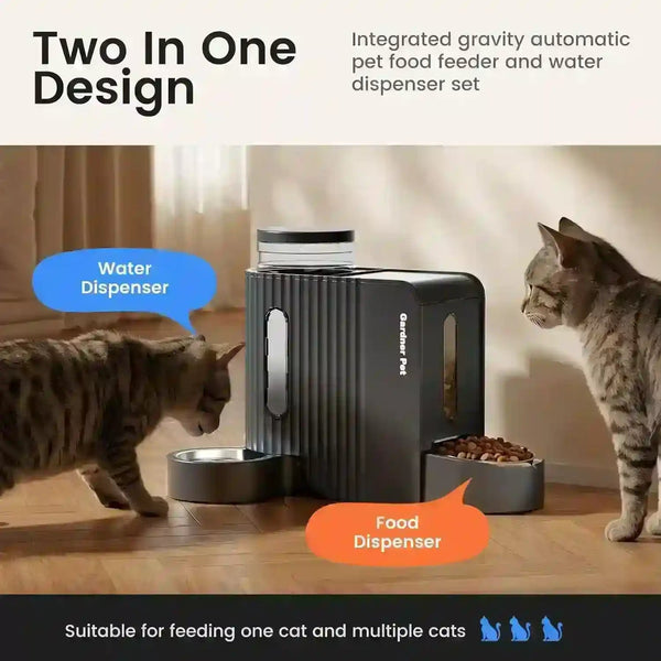 Automatic pet food and water dispenser for cats with dual bowls and gravity-fed design2