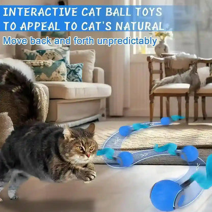 Interactive cat ball toy with feather attachments, enticing tabby cat to play in a cozy living room setting.2