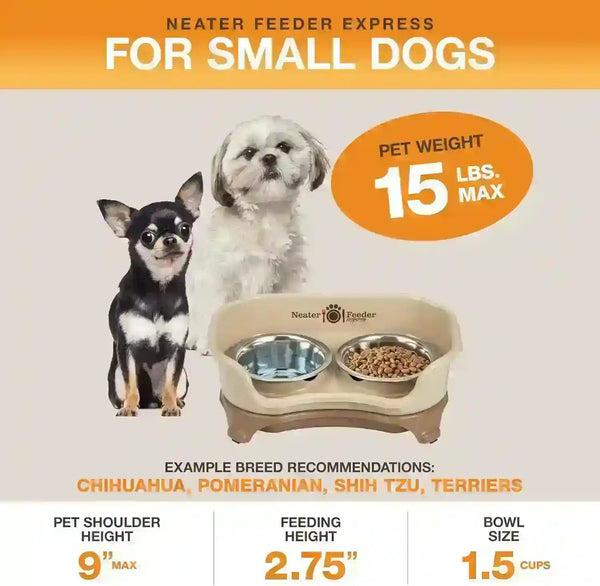 Elevated dog feeder for small dogs like Chihuahua & Shih Tzu, 15 lbs max, with 2 stainless steel bowls2