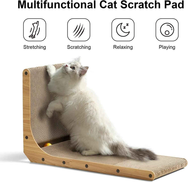 Fluffy white cat using multifunctional scratch pad for stretching, scratching, relaxing, and playing2