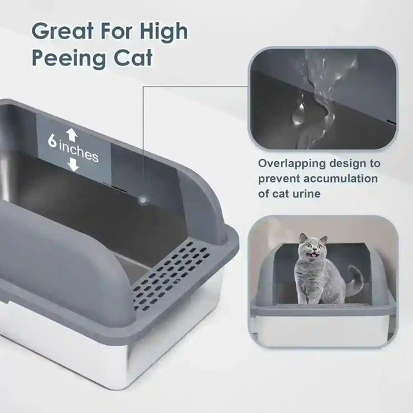 Gray cat litter box with 6-inch high sides, overlapping design to prevent urine leaks, ideal for high-peeing cats2