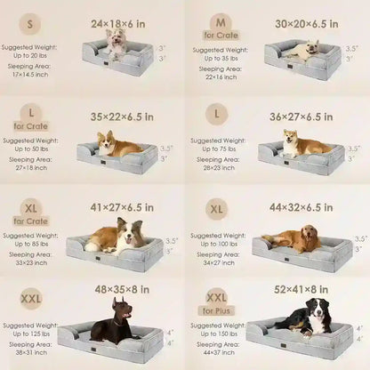 Dog beds in various sizes for small to large breeds, featuring cozy designs and detailed dimensions.2
