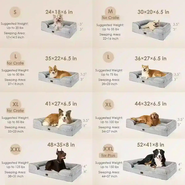 Dog beds in various sizes for small to large breeds, featuring cozy designs and detailed dimensions.2