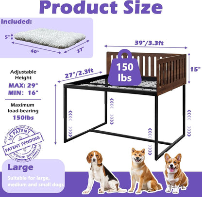 Beside Dog Bed,2 Wood Side Panel Adjustable Height Dog Bunk Beds,39''X27'' Metal Dogs Bed Frame with Cushion,Large3