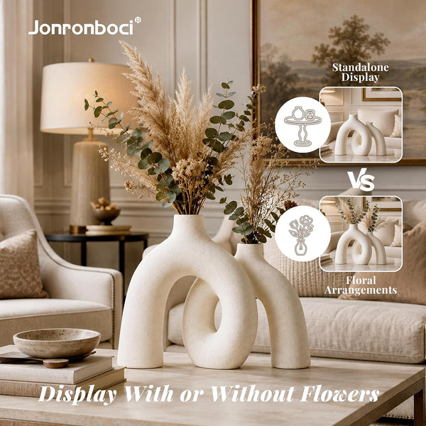 Hug Donut Decorative Vase Set - Modern Nordic Boho Style Vases Home Decor, Matte Ceramic Decorations for Living Room Shelf, Bookshelf Mantle Entryway Table or Console Décor (Cream White)5