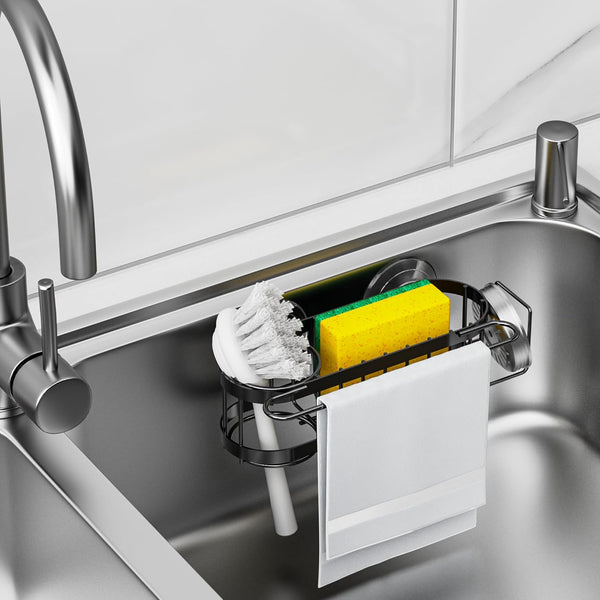 Kitchen Sink Caddy Sponge Holder in the Sink, Stainless Steel Kitchen Sink Organizer, Brush Holder, Dish Cloth Hanger, Sink Stopper Holder (Suction Cup-Black)6