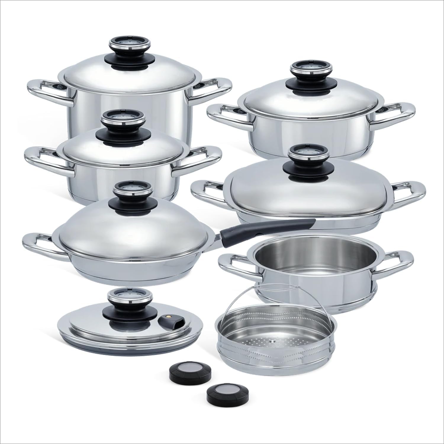 a-by-amc-foundation-stainless-steel-cookware-set-11-fry-pan-3-7-qt-rondeau-6-9-qt-stock-pot-12-6-grill-pan-2-4-qt-saucepan-steam-lid-steamer-basket-stackable-2-cooking-assistants
