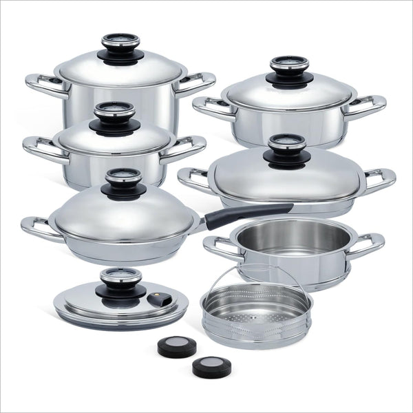 A by AMC - Foundation+ Stainless Steel Cookware Set - 11" Fry Pan + 3.7 Qt Rondeau + 6.9 Qt Stock Pot + 12.6" Grill Pan + 2.4 Qt Saucepan+Steam Lid + Steamer Basket & Stackable+2 Cooking Assistants1