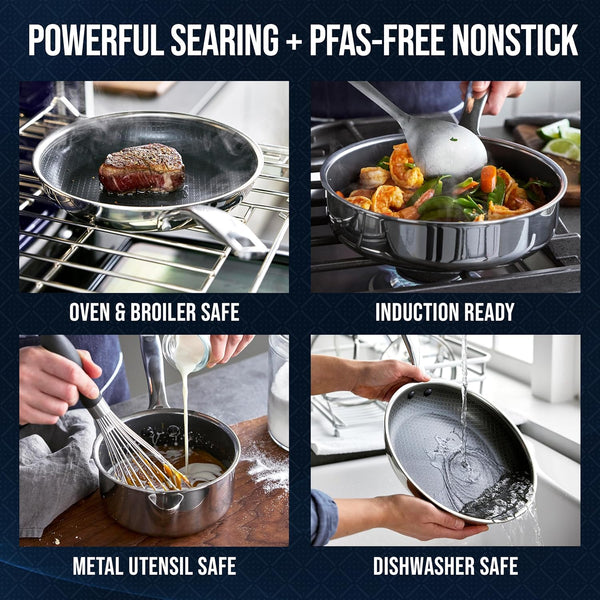 Hybrid 12 Piece Stainless Steel Nonstick Cookware Set | Pfas-Free Ceramic Nonstick Pots & Pans, Diamond Bond, Induction & All Cooktop Ready, Dishwasher and Oven Safe, Glass Lids4