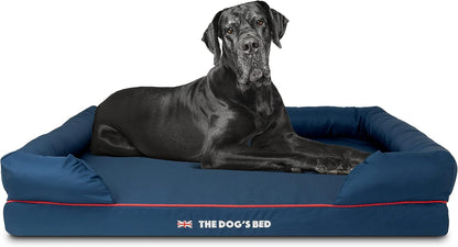 The Dog’S Bed Orthopedic Memory Foam Dog Bed with Bolsters for Large Dogs, High Density Support Mattress, Low Front Entry, Removable Washable Cover, Oxford Fabric, Blue with Dark Red Trim, Large35