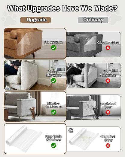 Cat Scratch Furniture Protector Couch - 1 Roll Clear PET 7.9 X 196.8 Inch | Protects Couch from Cat Claws, Strong Adhesion, Grid Backing, 1 Scraper, 30 Twist Pins, for Sofa, Armchair, Door, Wall, Bed4