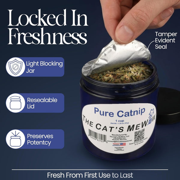 The Cat'S Mewow 100% Pure Catnip – North American Grown – Strong Aroma for Play & Enrichment – Resealable Freshness Jar – Veteran-Owned Brand3