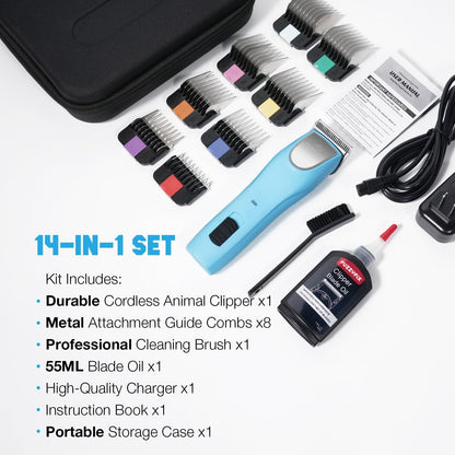 Professional Dog Clippers for Grooming Thick Curly Matted Coats | Detachable A5 Blade & Metal Guide Combs Kit for Horse Animal Breeds Low Noise Cordless Pet Hair Trimmer with 2 Speed Bluewave7
