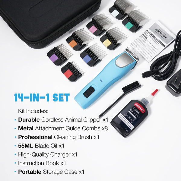 Professional Dog Clippers for Grooming Thick Curly Matted Coats | Detachable A5 Blade & Metal Guide Combs Kit for Horse Animal Breeds Low Noise Cordless Pet Hair Trimmer with 2 Speed Bluewave7