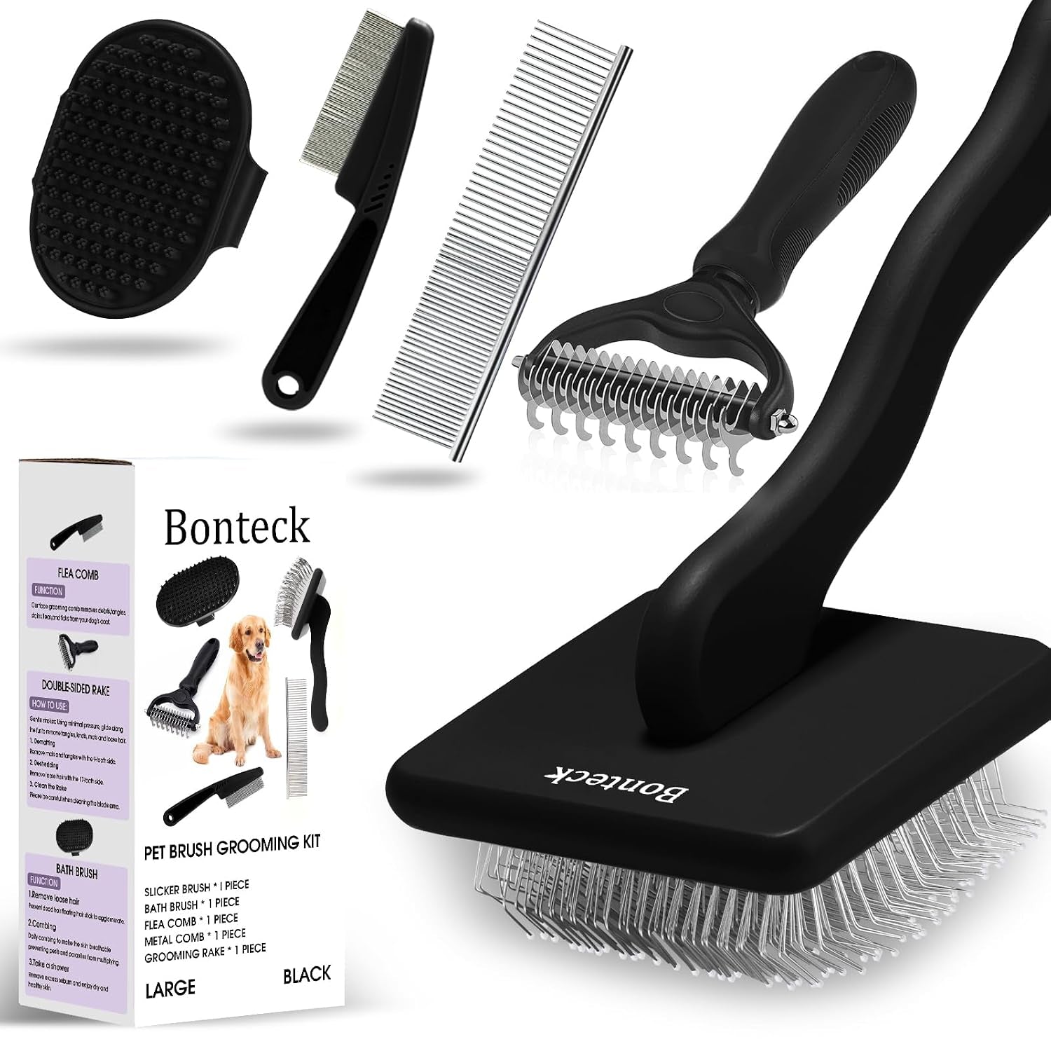 bonteck-dog-slicker-brush-for-dogs-grooming-kit-5pcs-long-haired-doodles-goldendoodles-poodles-skin-friendly-deshedding-comb-and-rake-removes-undercoat-professional-detangling-large-purple