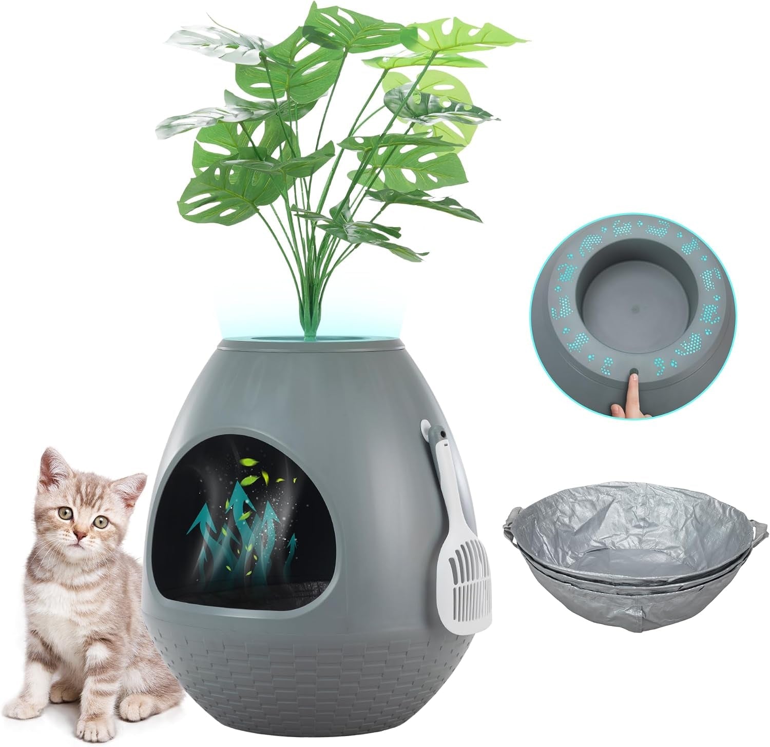 eggloa6-hidden-cat-litter-box-with-artificial-plants-odor-removal-system-egg-shaped-enclosure-includes-scoop-3pcs-liners-secret-discreet-furniture-diy-assembly-cat-litter-box-cabinet-brown