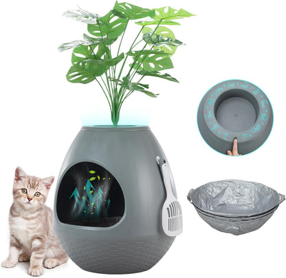 Eggloa6 Hidden Cat Litter Box with Artificial Plants ＆ Odor Removal System, Egg-Shaped Enclosure Includes Scoop ＆3PCS Liners Secret, Discreet Furniture, DIY Assembly Cat Litter Box Cabinet (Brown)13