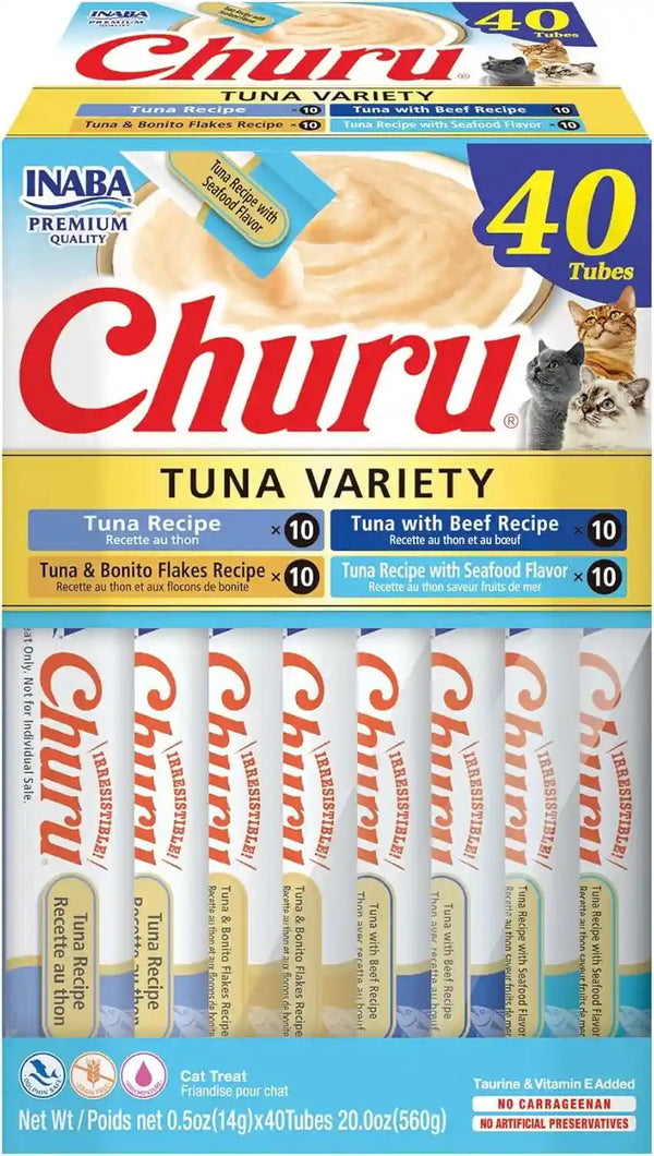 INABA Churu Cat Treats, Lickable, Squeezable Creamy Purée Cat Treat with Green Tea Extract & Taurine, 0.5 Ounces Each Tube, 40 Tubes, Tuna Variety Box1