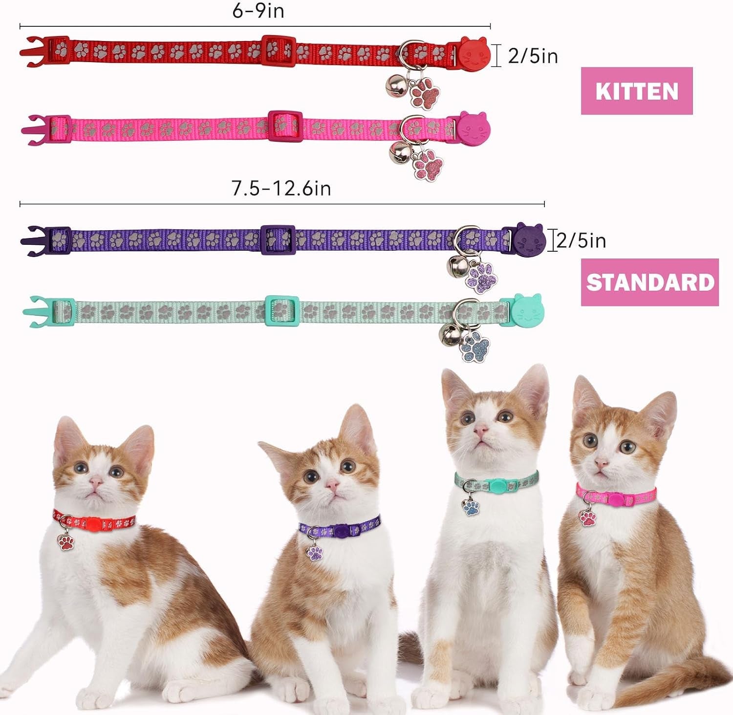 4pcs-breakaway-cat-collars-reflective-cat-collar-with-bells-kitten-collars-for-boy-girl-cats-breakaway-collar-for-cats-with-paw-pendant-6-9-inchpurple-hotpink-red-teal
