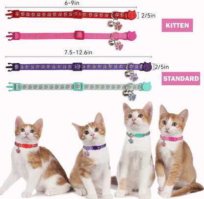 4PCS Breakaway Cat Collars,Reflective Cat Collar with Bells,Kitten Collars for Boy&Girl Cats Breakaway Collar for Cats with Paw Pendant 6-9 Inch(Purple+Hotpink+Red+Teal)5