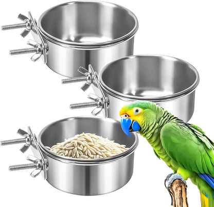 3 Pack Bird Feeding Bowls Cups Parrot Food Water Dishes, Stainless Steel Bird Bowl Cup Dish with Clamp, Birdcage Feeder Pet Cage Bowls for Cockatiel Budgie Conure Macaw Parakeet Small Animal10
