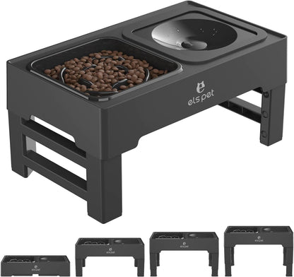 ELS PET Adjustable Elevated Dog Bowls, No Spill Water Bowl and Slow Feeder | Adjustable Height 3 to 11 Inch, Small, Medium, Large Dog, Slow Feeder Insert, No Spill Water Bowl, Anti-Slip Feet, Removable1