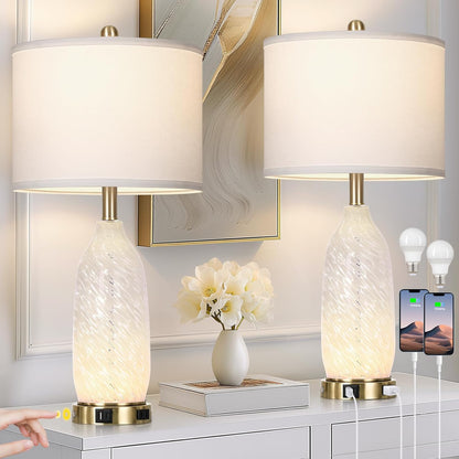 26" Modern Clear Glass Table Lamps Set of 2,Nightstand Lamp with USB A+C Ports & AC Outlet,Bedside Lamps with 3-Way Dimmable Touch Control Night Light for Bedroom Living Room(Bulbs Included)1