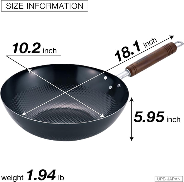 Japanese Wok 10.2" - Made in Japan Nonstick Carbon Steel Wok with Wood Handle - Induction Compatible, Embossed Iron Surface for Professional Stir-Fry2