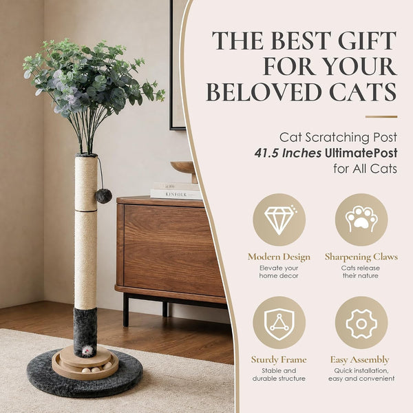 35 Inch Cat Scratching Post, Eucalyptus Sisal Rope Cat Tree Tower with Hanging Ball & Interactive Mouse Toy, Durable Scratcher for Indoor Adult Cats6