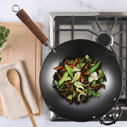 Chisholm 13.5-Inch Carbon Steel Nonstick Wok, Pfas-Free Wok Pan & Flat Bottom Stir Fry Pan with Long Walnut Wood Handle & Helper Handle, Black3