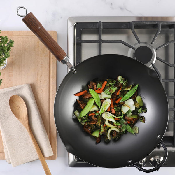 Chisholm 13.5-Inch Carbon Steel Nonstick Wok, Pfas-Free Wok Pan & Flat Bottom Stir Fry Pan with Long Walnut Wood Handle & Helper Handle, Black3