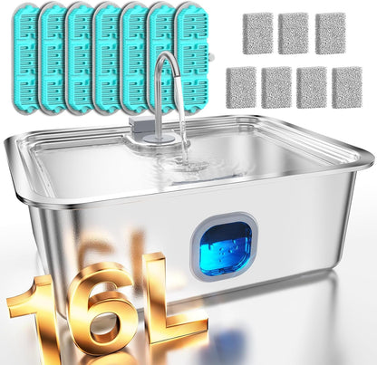 4.2Gal Dog Water Fountain for Large Dogs, 16L Stainless Steel Large Dog Fountain Water Bowl with Deeper & Wider Drinking Tray, Automatic Pet Water Dispenser with Visible Window for Multi-Pets Families12