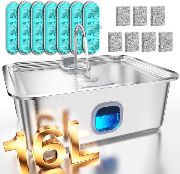 4.2Gal Dog Water Fountain for Large Dogs, 16L Stainless Steel Large Dog Fountain Water Bowl with Deeper & Wider Drinking Tray, Automatic Pet Water Dispenser with Visible Window for Multi-Pets Families12