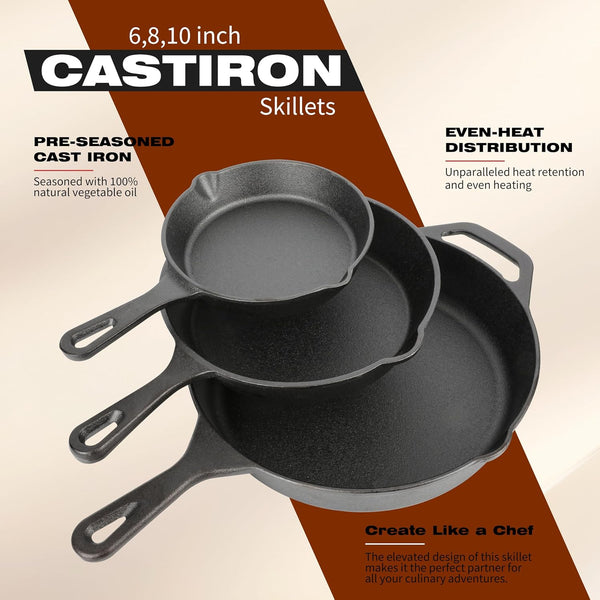 Cast Iron Skillet 3-Piece Set, 6", 8", 10" Frying Pans, Heavy-Duty Pre-Seasoned Pan Cookware Set, for Frying, Saute, Cooking, Pizza & More, Black4