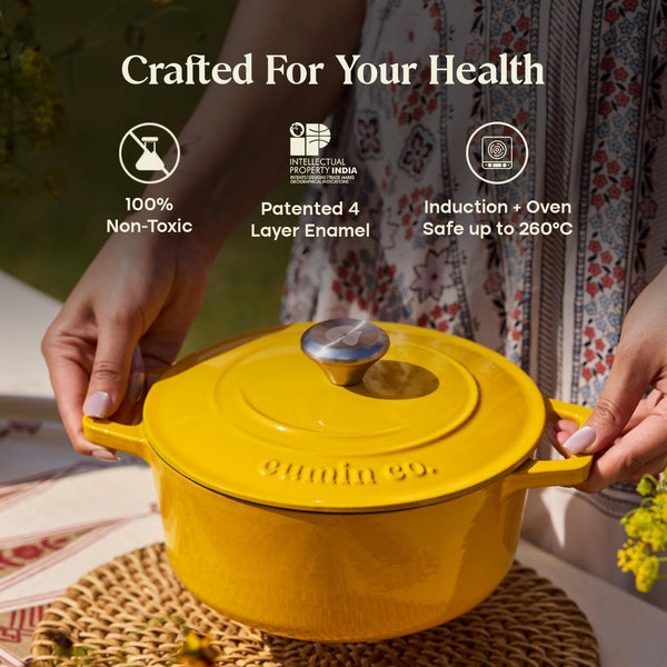 Enameled Cast Iron Dutch Oven/Biryani Pot with Lid, 5 QT Heavy Duty Casserole Pot – Non Toxic PFAS Free Cookware – Oven Safe Bread & Soup Pot – Induction Compatible Enamel Cast Iron (Mustard, 26 CM)6
