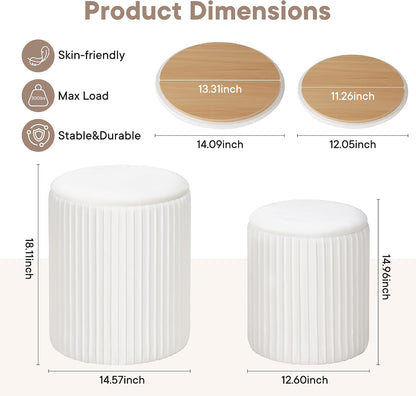 round Ottomans with Storage, Vanity Stool, Foot Stool, Set of 2 | 14.57"D X 18.11"H and 12.60"D X 14.96"H, Velvet Ottoman for Living Room, Bedroom, Dorm, Beige3