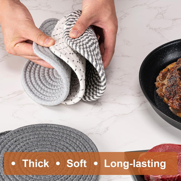 7 Inch Trivets for Hot Dishes, Pot Holders for Kitchen, Hot Pads, Coasters | 5 Pcs, Heat Resistant, 100% Pure Cotton Thread Weave, Hot Mats for Countertop and Table, Kitchen Essentials, Home Decor, Gray3
