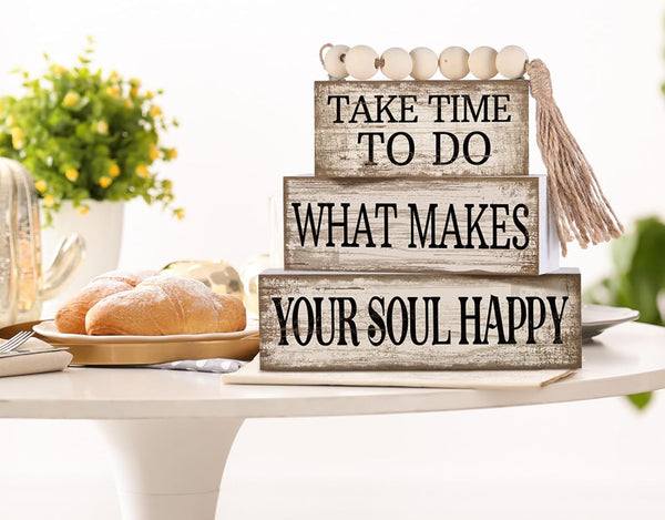 4 Pcs Farmhouse Tabletop Decoration Inspirational Tiered Tray Decor | Rustic Wooden Block Sign Take Time to Do What Makes Your Soul Happy Blocks with Beads Tassel,Home Shelf Centerpiece6