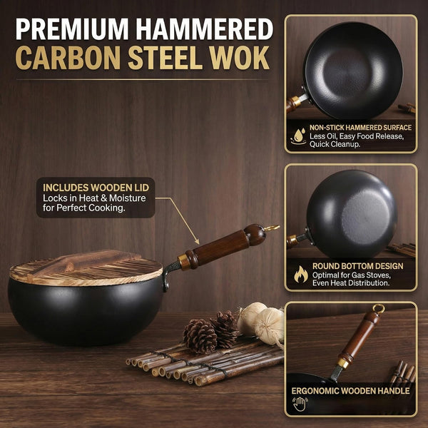 Japanese Cast Iron Wok Pan - Uncoated Healthy Cooking Pot with Lid, Hand Hammered Non Stick Frying Pans Made in Japan (Smooth Surface + Glass Lid,11'')6